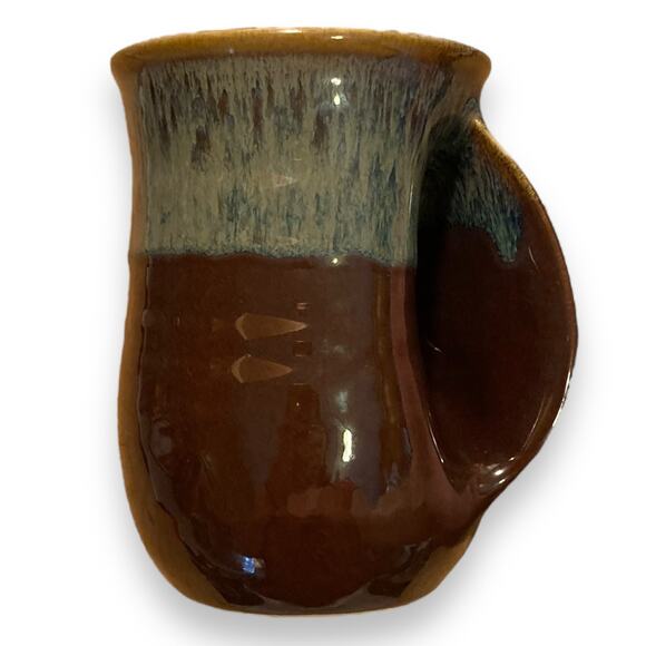 Hand Thrown Clay Blue Tan Brown Glazed Hand Warmer Tea Cup Coffee Mug Fall - Picture 7 of 15